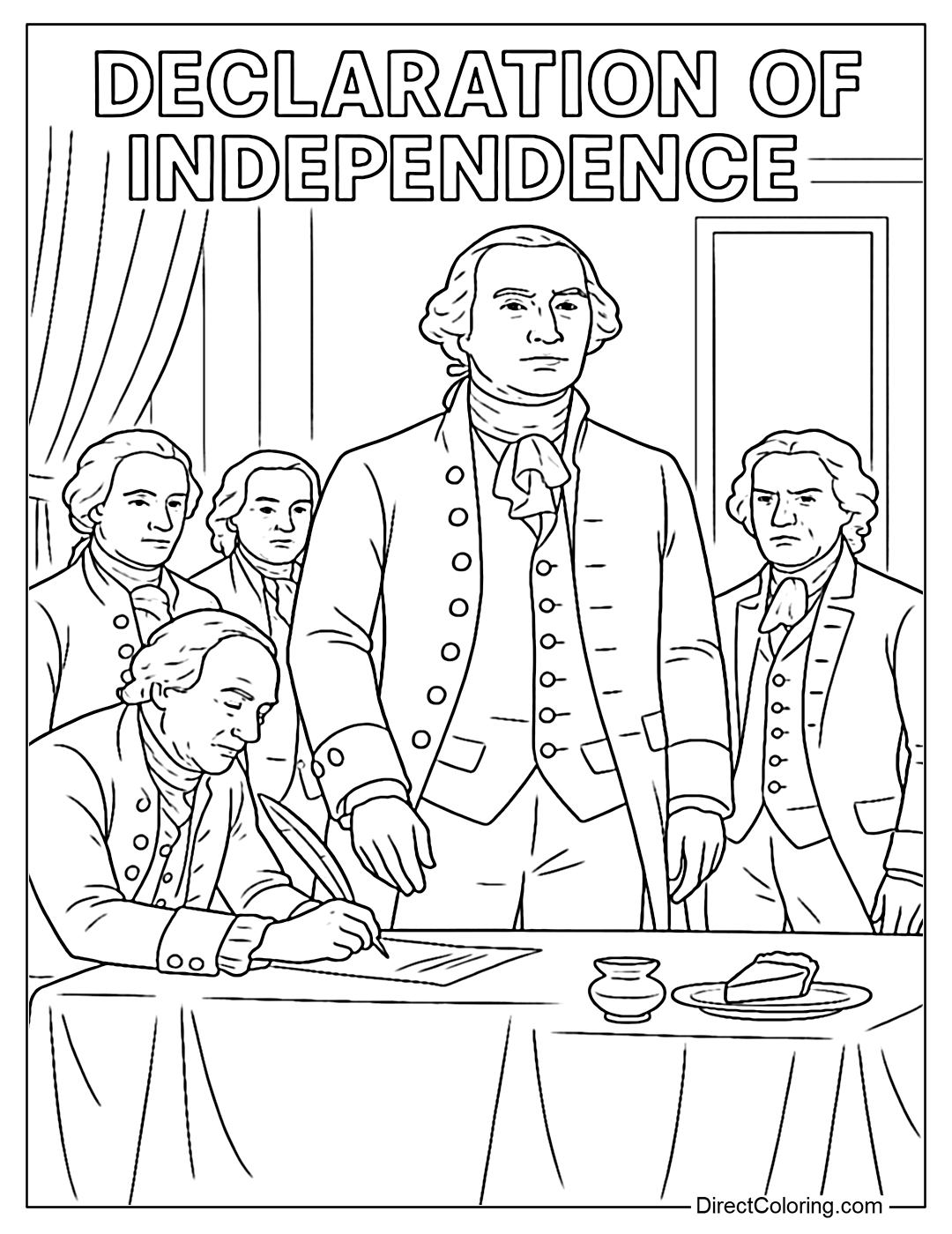 Coloring page of leaders signing the Declaration of Independence - George Washington in the center.